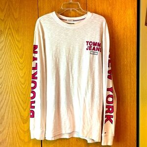 Tommy Jeans LG BROOKLYN NEW YORK white pink LS Logo cotton tee t shirt men EUC
